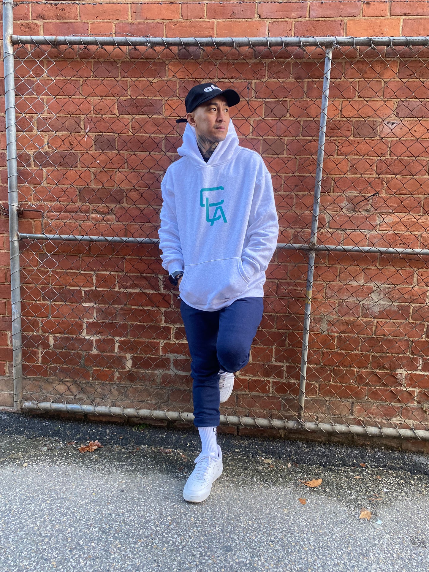 Hoodie White Marle With Teal Logo – CLA Clothing
